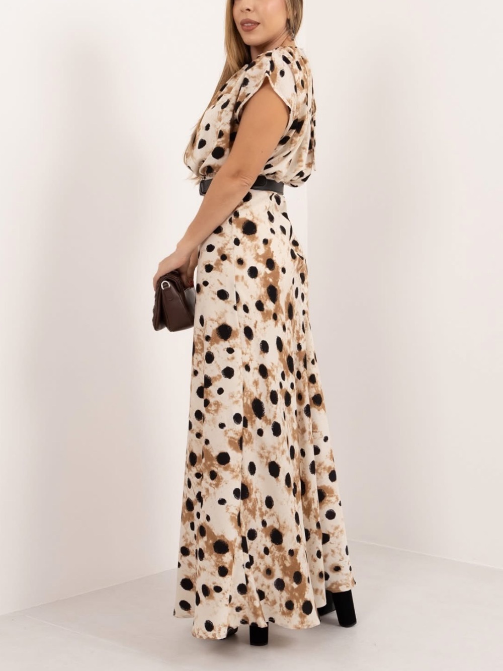 Maxi Dress in Cream and Brown Spot Print size L